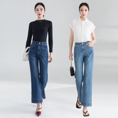 牛仔裤女2025春夏季新款直筒微喇高腰显瘦小个子百搭四面弹九分裤图2