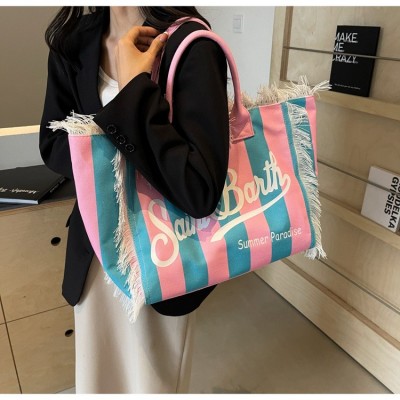 2024新款包包时尚沙滩大容量单肩通勤包手工流苏牛仔印花托特包包图3