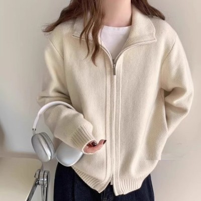 阿诗蜜白色高领毛衣外套女2025新款春秋季高级感穿搭拉链开衫上衣