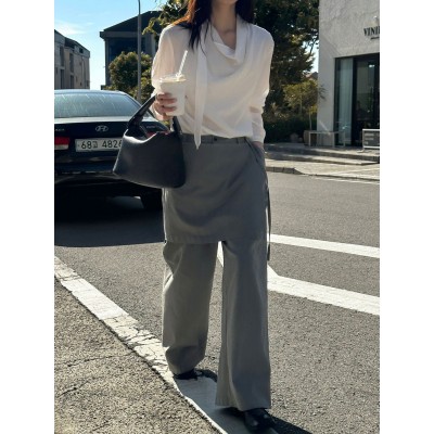 韩版设计感假两件休闲裤女2025秋季新款百搭屁帘显瘦宽松 水洗长裤