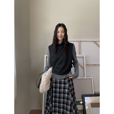 韩版设计感长袖针织马甲两件套女2025十三行秋季新款修身套头上衣