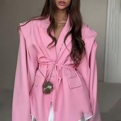西装外套女高级感2025春秋欧美女装气质通勤收腰系带垫肩西装外套图4