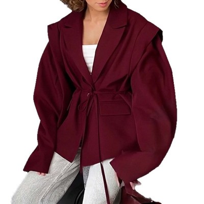 西装外套女高级感2025春秋欧美女装气质通勤收腰系带垫肩西装外套图5