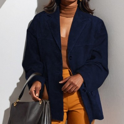 跨境外贸2025新款欧美女装气质女复古棕色宽松口袋长袖西装外套女图5