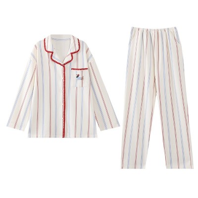 100%全棉睡衣女纯棉柔软舒适翻领条纹秋季长袖长裤女士家居服套装